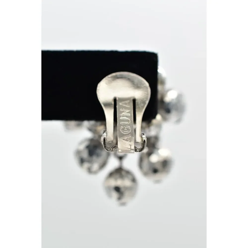Laguna Vintage Clip On Crystal Earrings Silver Disco Chandelier Signed 50s BinBK